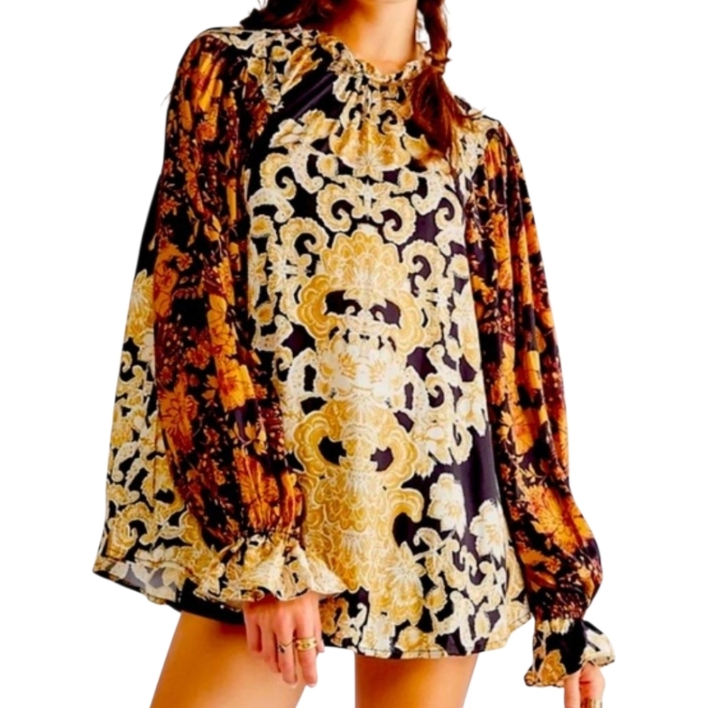 Free People Rhythm Of The Night Black Gold Baroque Floral Blouse Womens Medium